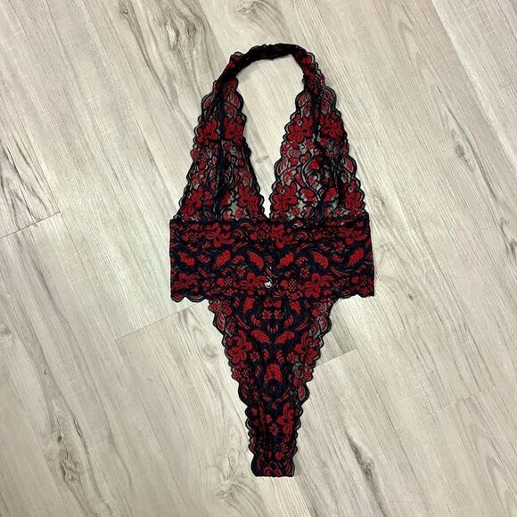 Vintage Y2K Fredericks of Hollywood red black low cut lace teddy sz L stretchy - Picture 7 of 15